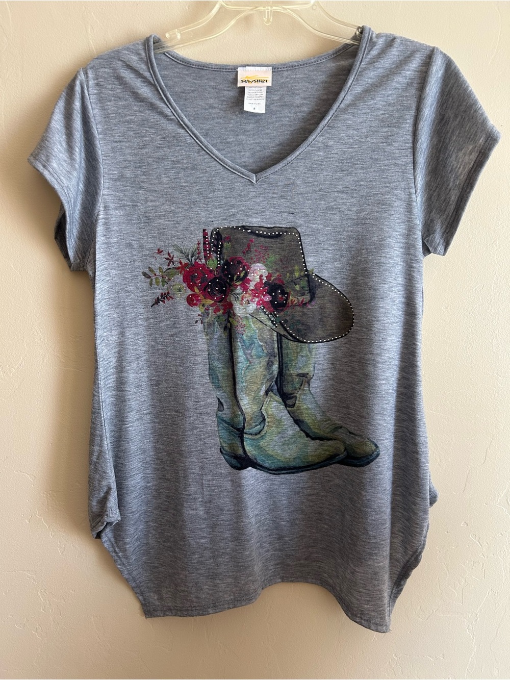 Western Rhinestone Embellished Grey T-shirt Size Small